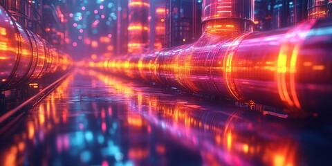Obraz premium Glowing futuristic pipeline reflecting neon lights.