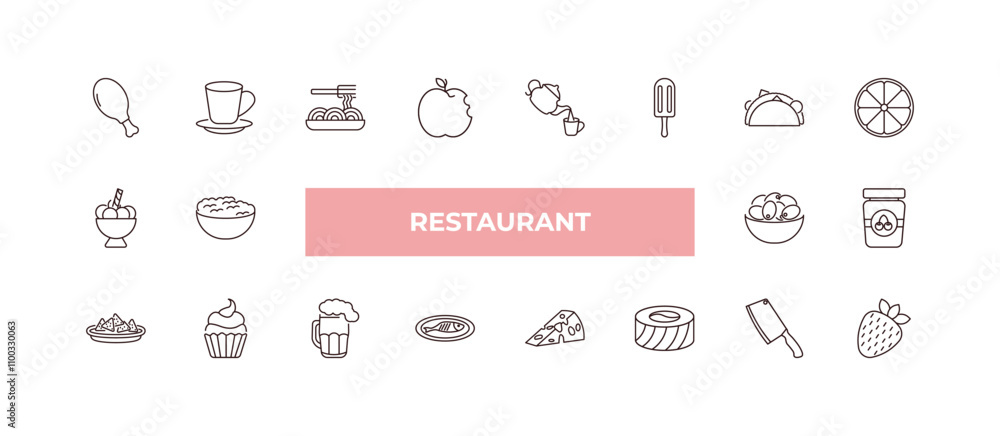 Poster fully editable outline icon collection from restaurant concept. thin line icons set such as chicken 