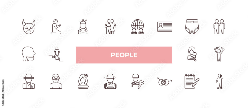 Poster fully editable outline icon collection from people concept. thin line icons set such as devil mask, 