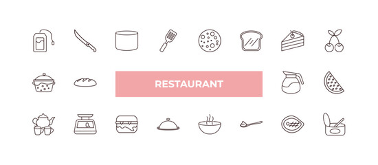 fully editable outline icon collection from restaurant concept. thin line icons set such as infusion bag, butcher knife, boiling water pan, beef chop, open tin with spoon,