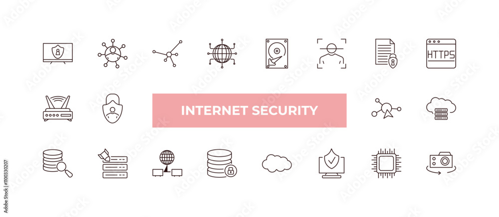 Poster fully editable outline icon collection from internet security concept. thin line icons set such as m