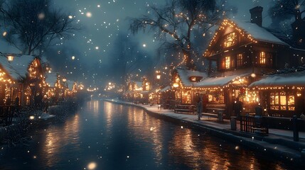 Naklejka premium Charming Nighttime Riverside Holiday Market Scene with Twinkling Lights and Snow, Capturing the Essence of Winter Festivities in a Picturesque Setting