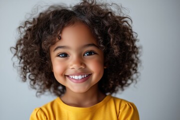 A young girl with curly hair is smiling and wearing a yellow shirt