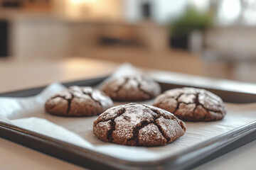 Fototapeta premium Photo of baked chocolate crinkle cookies on baking paper, close-up view 