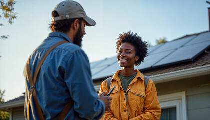 Happy customer talking to a solar technician in front of house with panels installed. African Amercian black woman having a conversation with a worker man
