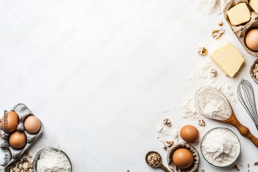 Poster various baking essentials such as flour, eggs, and butter are neatly arranged on a white background,