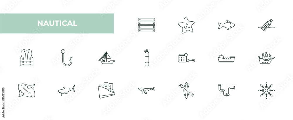 Poster fully editable outline icon collection from nautical concept. thin line icons set such as big crate,
