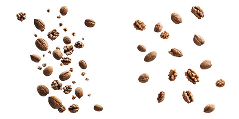 Obraz premium Falling walnuts isolated on transparent background, Set of