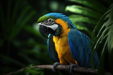 Obraz premium A blue and yellow parrot is perched on a branch in a lush green forest
