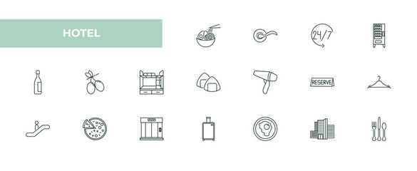 Fototapeta premium fully editable outline icon collection from hotel concept. thin line icons set such as ramen, doorknob, 24 service, hotel, eating utensils,