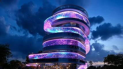 DNA Skyscraper at Night with Neon Lights in Urban Setting - Powered by Adobe