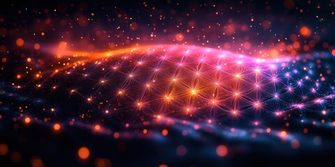 Fototapeta premium Abstract glowing network wave with vibrant colors and bokeh effects.