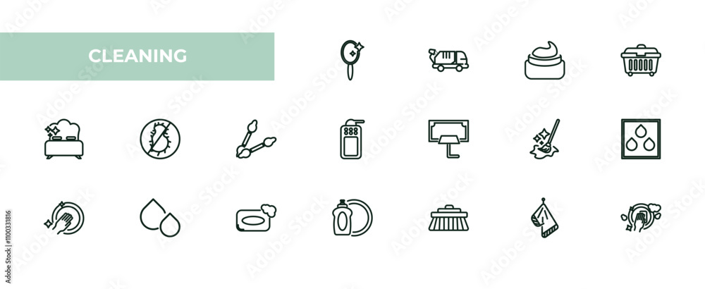 Poster fully editable outline icon collection from cleaning concept. thin line icons set such as mirror cle