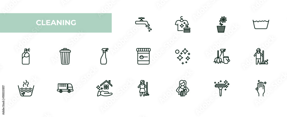 Poster fully editable outline icon collection from cleaning concept. thin line icons set such as faucet cle