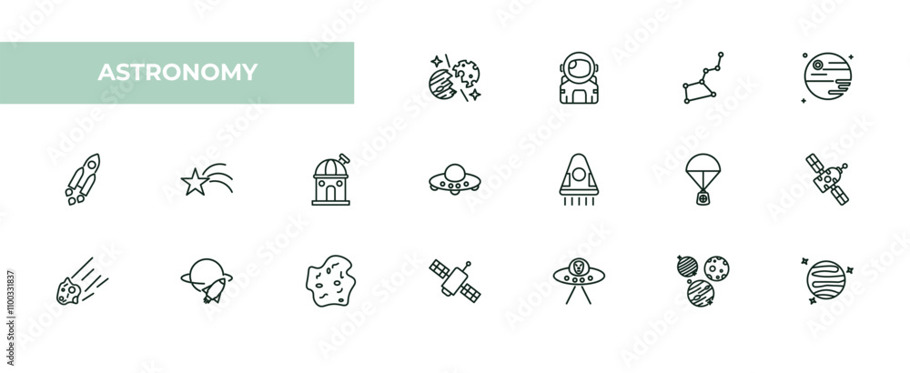 Poster fully editable outline icon collection from astronomy concept. thin line icons set such as space col