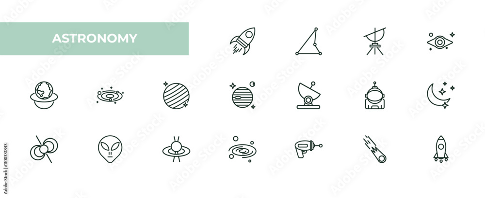 Poster fully editable outline icon collection from astronomy concept. thin line icons set such as rocket st