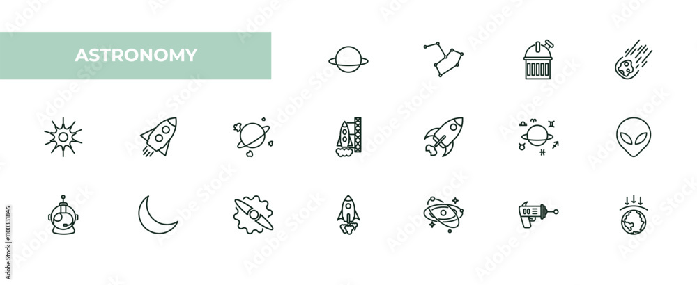 Poster fully editable outline icon collection from astronomy concept. thin line icons set such as planet, c