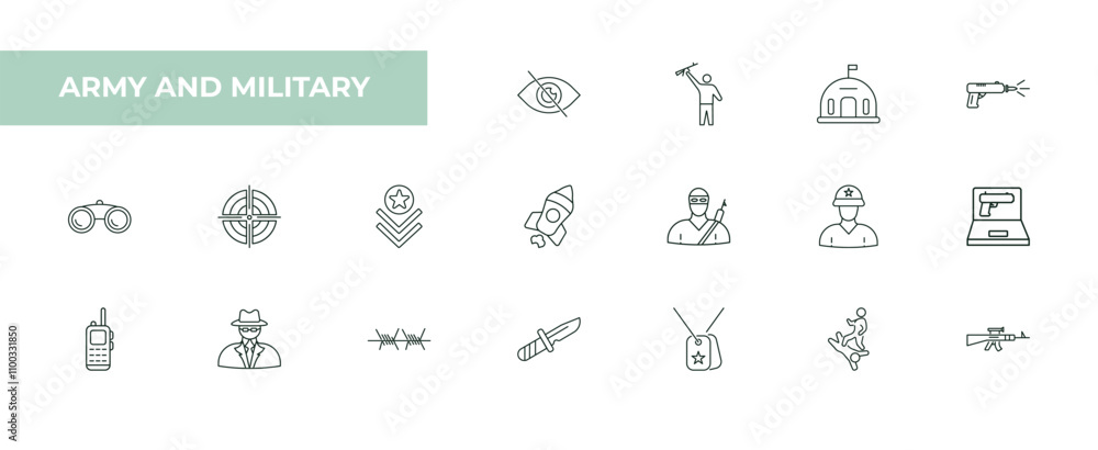 Poster fully editable outline icon collection from army and military concept. thin line icons set such as s