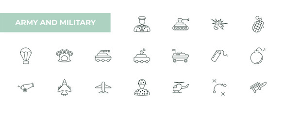 fully editable outline icon collection from army and military concept. thin line icons set such as general, tank, explosive, strategy, bayonet on rifle,