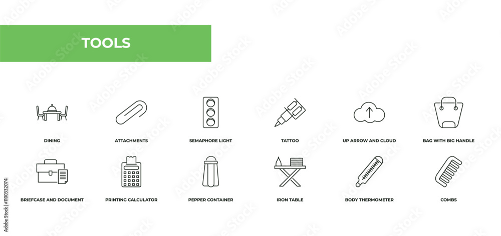 Poster fully editable outline icon collection from tools concept. thin line icons set such as dining, attac