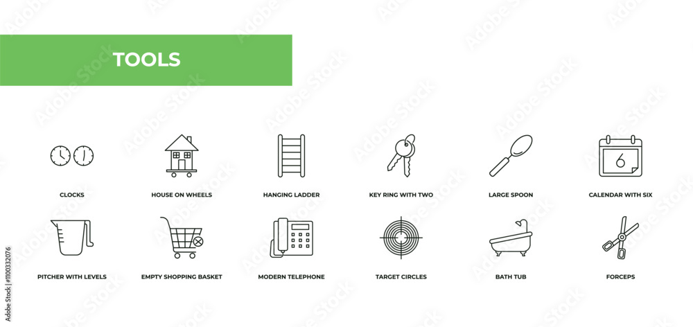Poster fully editable outline icon collection from tools concept. thin line icons set such as clocks, house