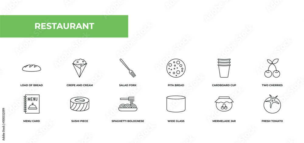 Poster fully editable outline icon collection from restaurant concept. thin line icons set such as load of 