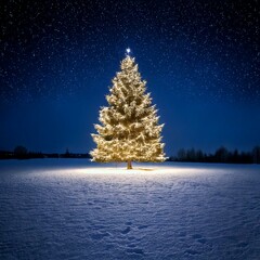 a simple, single Christmas tree in a snowy field lit up in the night