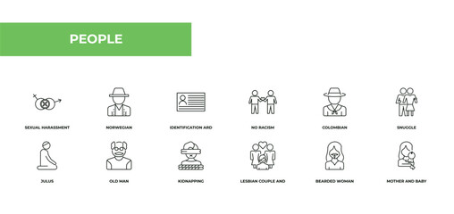 fully editable outline icon collection from people concept. thin line icons set such as sexual harassment, norwegian, identification ard, bearded woman, mother and baby,