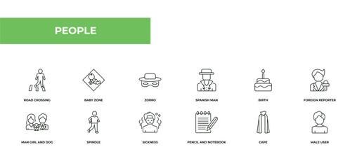 fully editable outline icon collection from people concept. thin line icons set such as road crossing, baby zone, zorro, cape, male user,