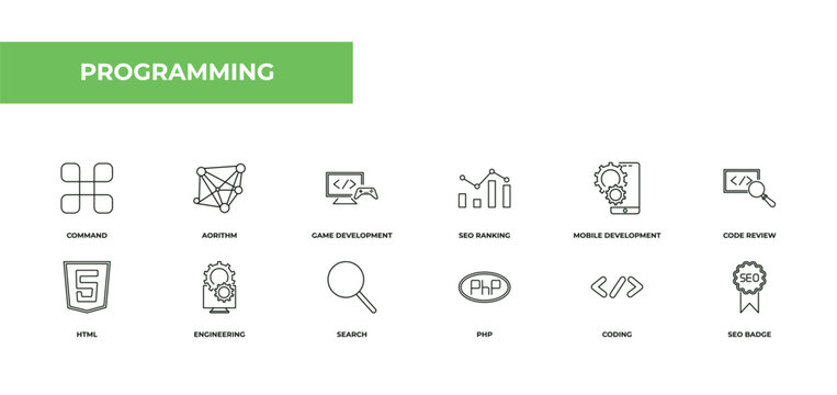fully editable outline icon collection from programming concept. thin line icons set such as command, aorithm, game development, coding, seo badge,