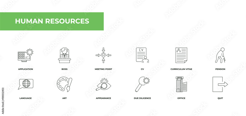 Poster fully editable outline icon collection from human resources concept. thin line icons set such as app