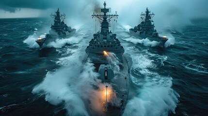 Powerful warships navigate the turbulent sea under an ominous sky during a naval exercise at dawn. Generative AI