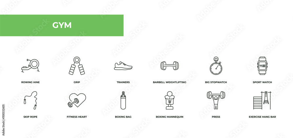 Poster fully editable outline icon collection from gym concept. thin line icons set such as rowing hine, gr