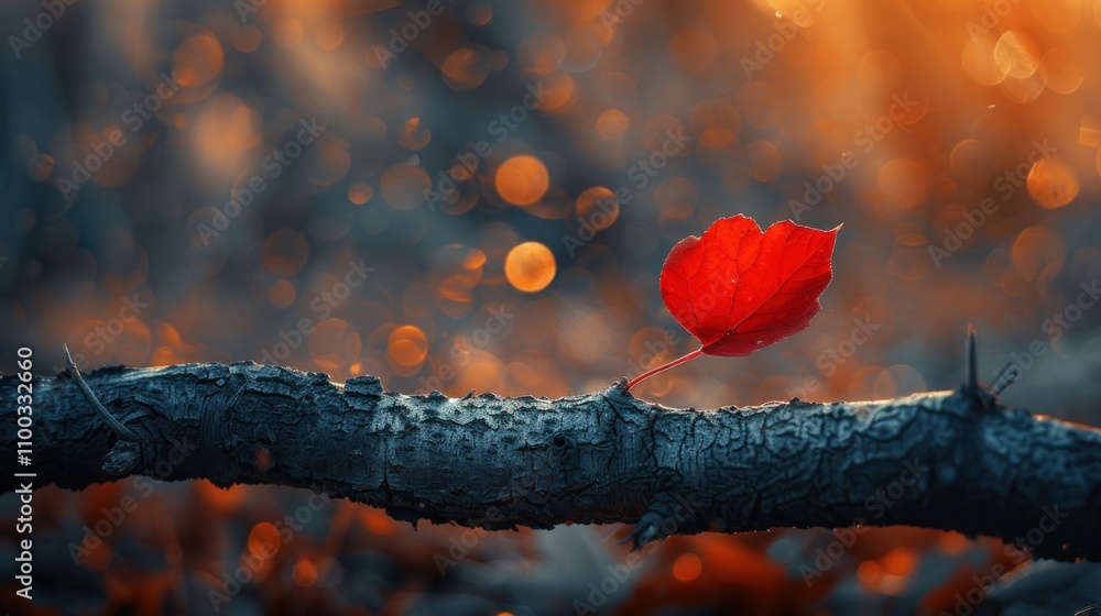 Poster single red autumn leaf on a branch with bokeh background.