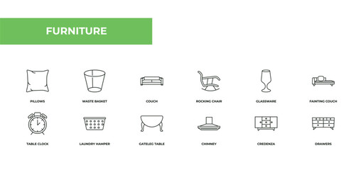 Obraz premium fully editable outline icon collection from furniture concept. thin line icons set such as pillows, waste basket, couch, credenza, drawers,