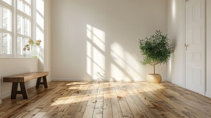 Obraz premium Sunlit minimalist room with wooden floor, bench, plant, and window.