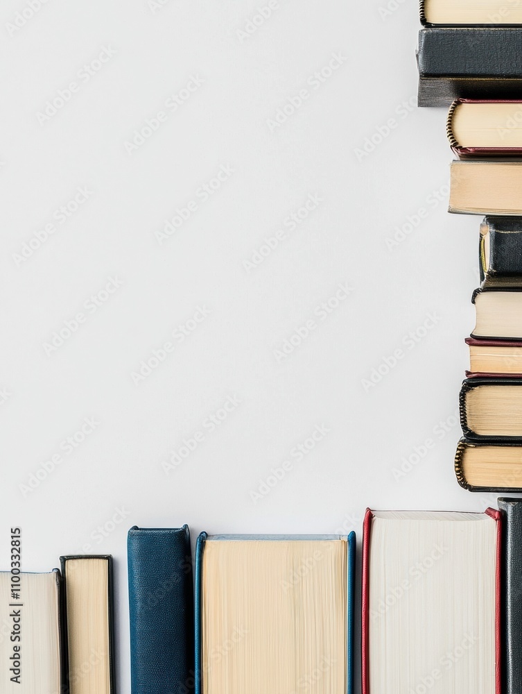 Aufkleber Various books from different genres are lined up on a white surface, showcasing colorful covers and spines for readers to explore. Generative AI