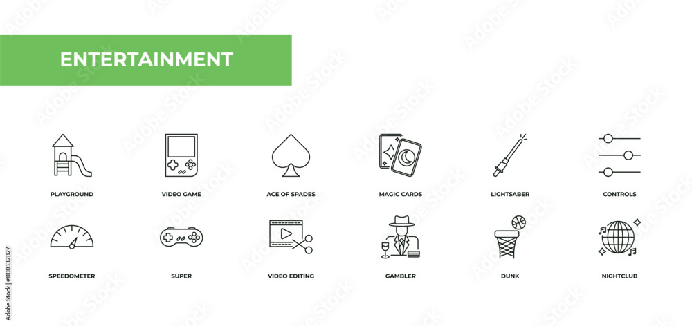 Poster fully editable outline icon collection from entertainment concept. thin line icons set such as playg
