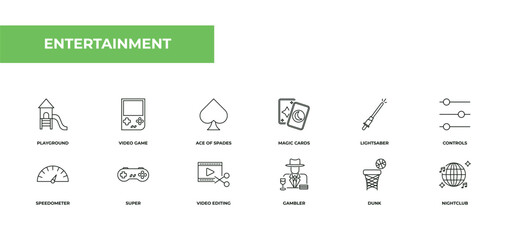 fully editable outline icon collection from entertainment concept. thin line icons set such as playground, video game, ace of spades, dunk, nightclub,