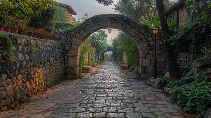 Obraz premium Cobblestone pathway leads through an ancient archway into a serene village filled with lush greenery. Generative AI