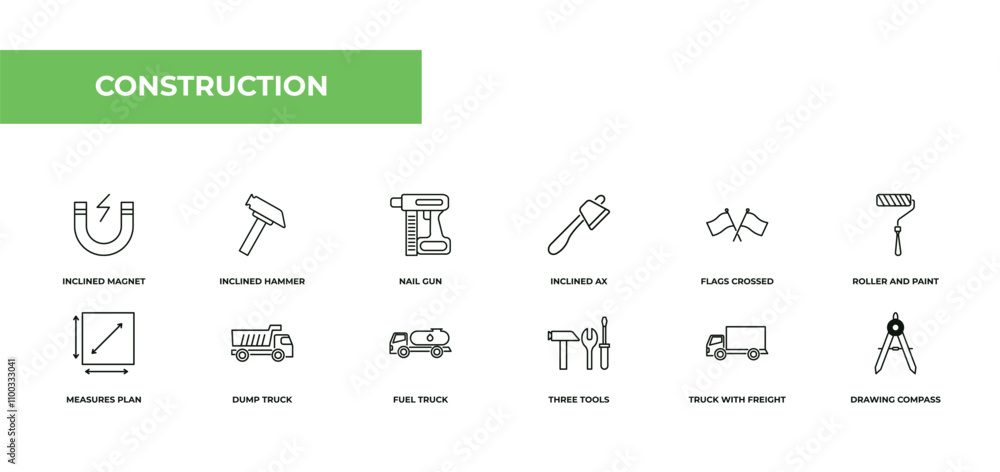 Poster fully editable outline icon collection from construction concept. thin line icons set such as inclin