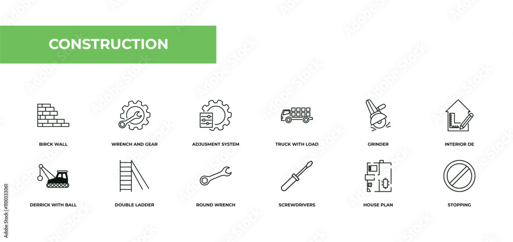 Poster fully editable outline icon collection from construction concept. thin line icons set such as birck 
