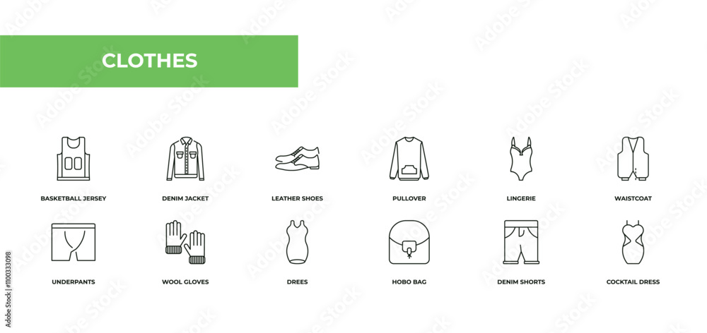 Poster fully editable outline icon collection from clothes concept. thin line icons set such as basketball 