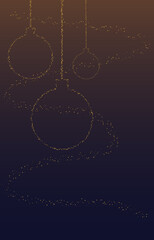 Holiday greeting card, hanging Christmas balls and sparkles, vertical background with copy space. Vector illustration