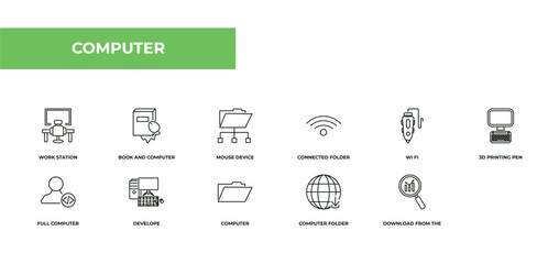 fully editable outline icon collection from computer concept. thin line icons set such as work station, book and computer mouse, mouse device, download from the net, data analyser,