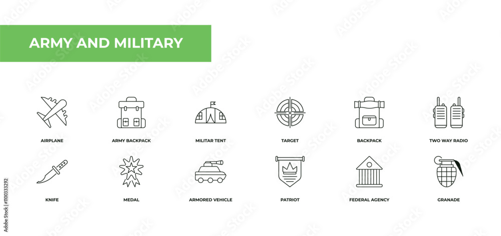 Poster fully editable outline icon collection from army and military concept. thin line icons set such as a