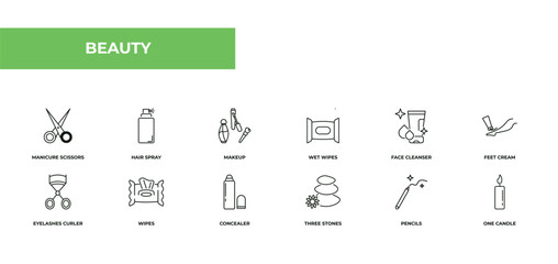 fully editable outline icon collection from beauty concept. thin line icons set such as manicure scissors, hair spray, makeup, pencils, one candle,