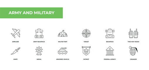fully editable outline icon collection from army and military concept. thin line icons set such as airplane, army backpack, militar tent, federal agency, granade,