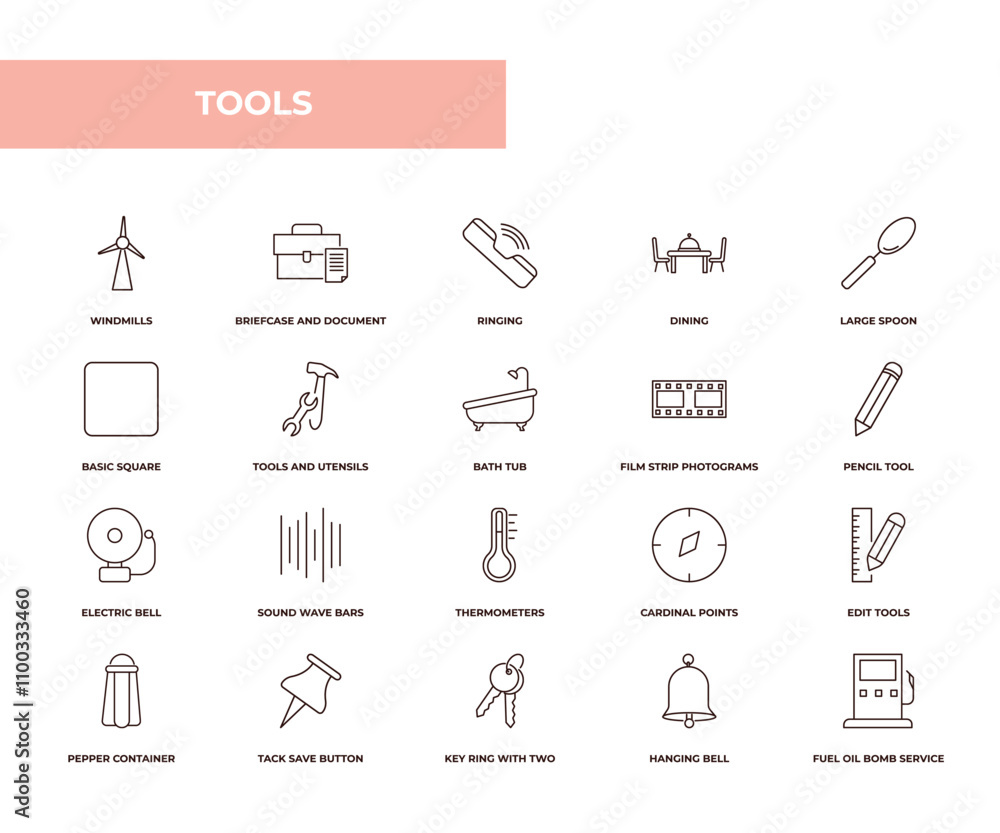 Poster fully editable outline icon collection from tools concept. thin line icons set such as windmills, br