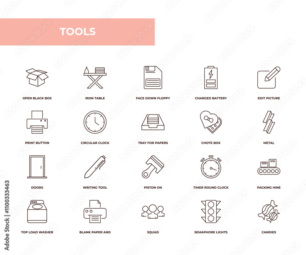 Poster fully editable outline icon collection from tools concept. thin line icons set such as open black bo